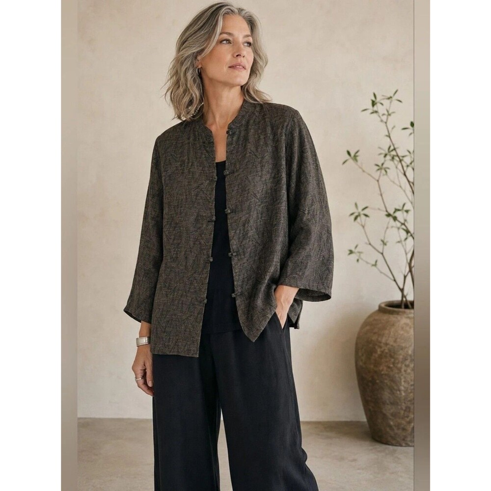 Eileen Fisher Mandarin Collar Jacket Women Medium Textured Linen Blend Lagenlook